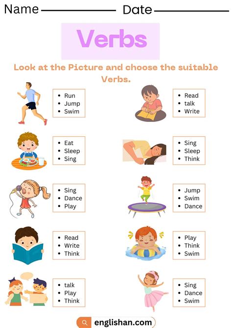 Verbs Worksheets In English Choose The Suitable Action Verb In 2024 Verb Worksheets English