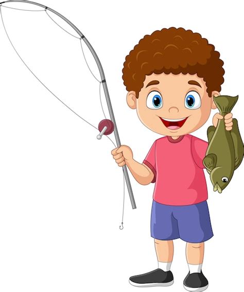 Premium Vector Cartoon Happy Little Boy Fishing