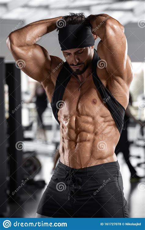 Muscular Man In Gym Shaped Abdominal Strong Male Naked Torso Abs