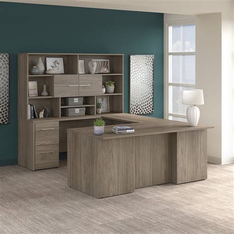 Office 500 72w U Shaped Desk With Hutch In Modern Hickory Engineered Wood