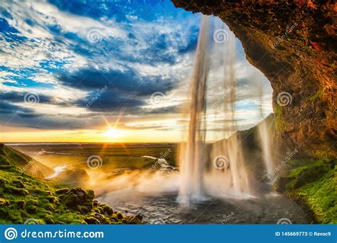 Seljalandfoss Waterfall At Sunset Iceland Stock Image Image Of