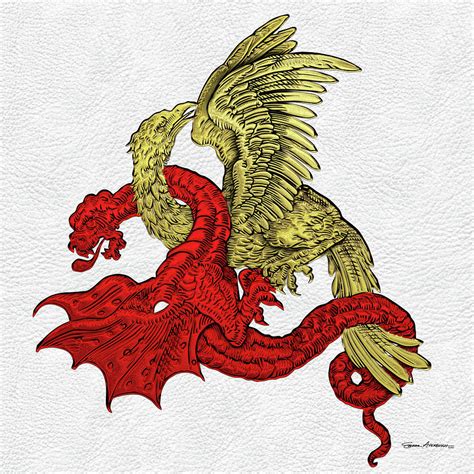 Golden Eagle Fighting The Red Dragon Over White Leather Digital Art By