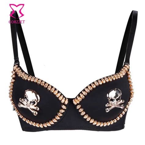 Black And Gold Skull Studded Clubwear Punk Rock Exotic Sexy Bras Women Push Up Bralette Bralet