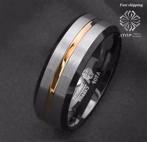 Atop 8mm Tungsten Ring For Mens Wedding Band Silver Brushed Black