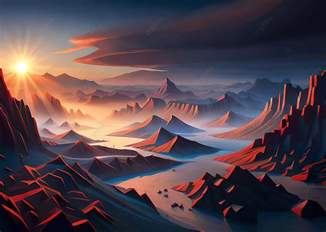 Illustration Of Mountaineous Landscape Sunset Background Wallpaper