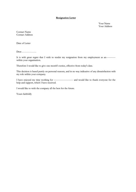 Sample Resignation Letter With One Month Notice Period