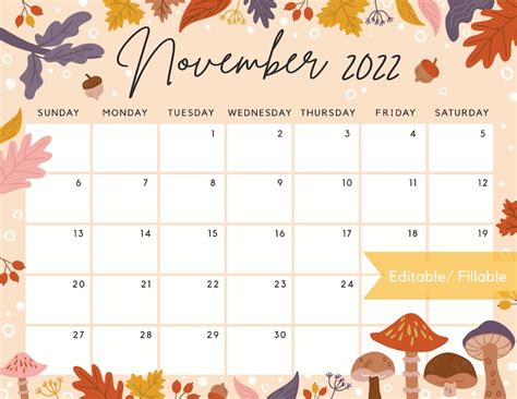 November 2022 Calendar Beautiful Fall Autumn Flowers And Etsy New Zealand