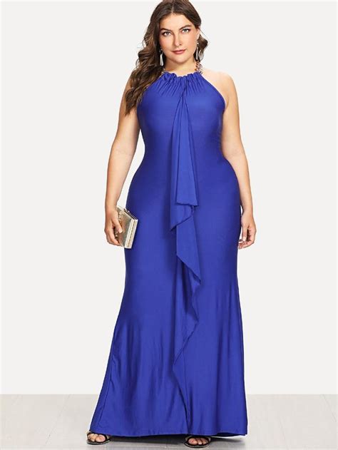 love this plus size ruffle embellished fitted halter dress from shein and the royal blue color