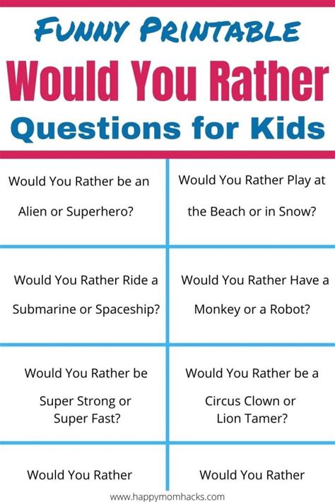 Funniest Would You Rather Questions For Kids Pdf Free Printable Happy