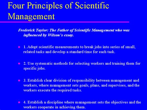 Development of science for each part of men's job (replacement of rule of thumb). Four Principles of Scientific Management