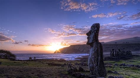 Nature Sunset Landscape Statue Moai Easter Island Wallpapers Hd