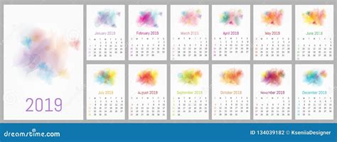 Vector Watercolor Design Calendar 2019 Stock Illustration