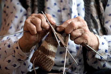 Close Up Of The Hands Of An Old Woman Knitting Sock Stock Image Image