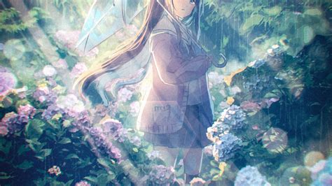 Wallpaper School Uniform Raining Park Plants Sweater Anime Girl
