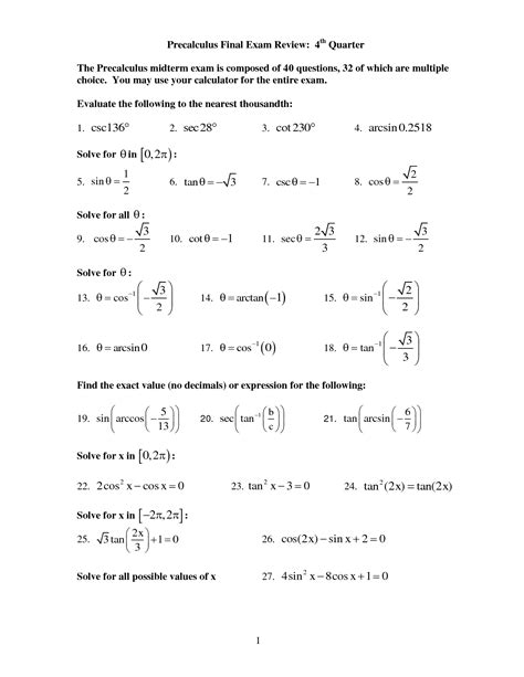 Precalculus Worksheets Free Printable