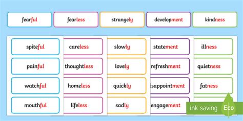 Suffix Word Cards Suffix Word List Suxxif Ly Ment Ness