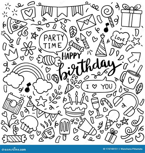 Hand Drawn Party Doodle Happy Birthday Stock Vector Illustration Of Freehand Greeting