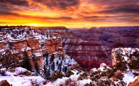 Grand Canyon National Park Arizona United States Winter Snow Red Sky