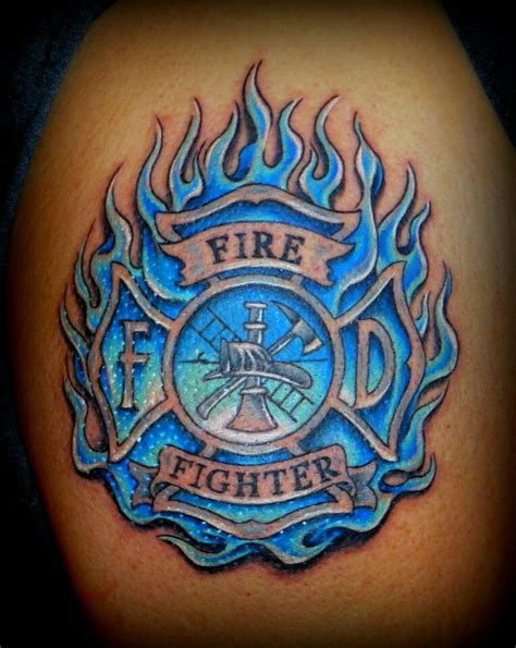 A Blue Fire Fighter Tattoo On The Back Of A Mans Upper Half Arm