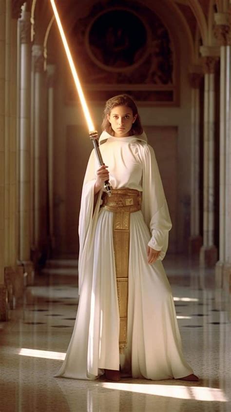 A Woman In A Star Wars Costume Holding A Lightsaben