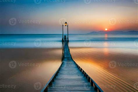 A Long Pier Stretches Out Into The Ocean At Sunset Ai Generated