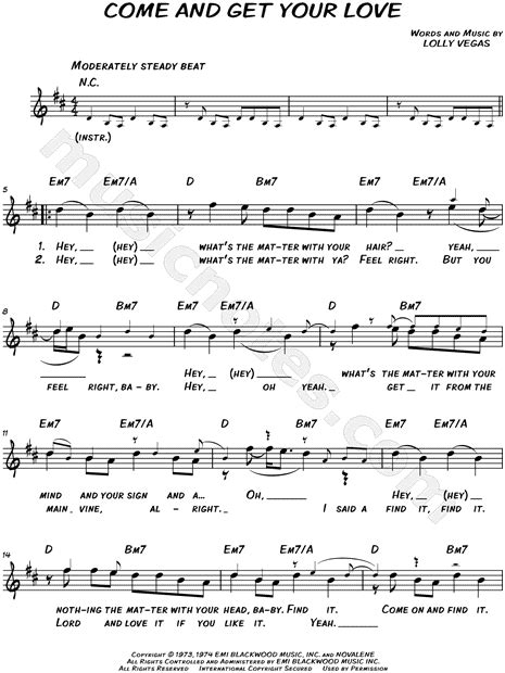 Redbone Come And Get Your Love Sheet Music Leadsheet In D Major