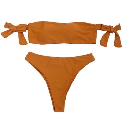 2018 Women Off Shoulder Bandeau Thong Bikini Set Sexy High Waist