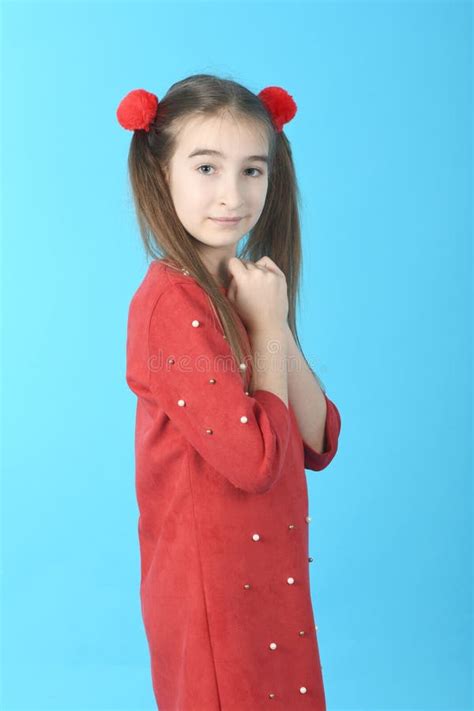 Full Length Studio Photo Girl Wearing Red Dress Standing Stock Image
