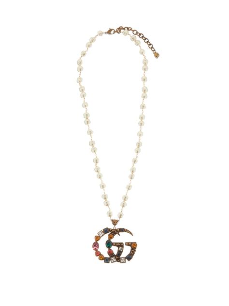 Gucci Gg Crystal Embellished Pearl Necklace In Metallic Lyst Canada