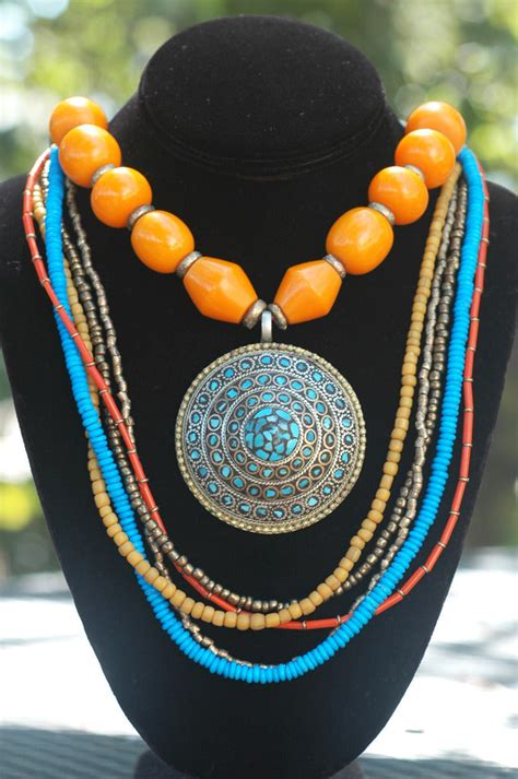 Exotic Turquoise Orange And Brass Tibetan Amulet Pendant Necklace