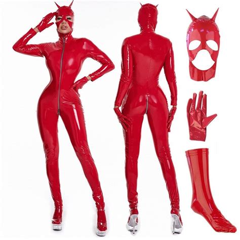 Red Sexy Catsuit For Women Crotch Zipper Men Shiny Latex Open Pvc