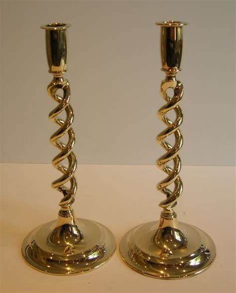 Pair Antique English Brass Open Barley Twist Candlesticks C1900