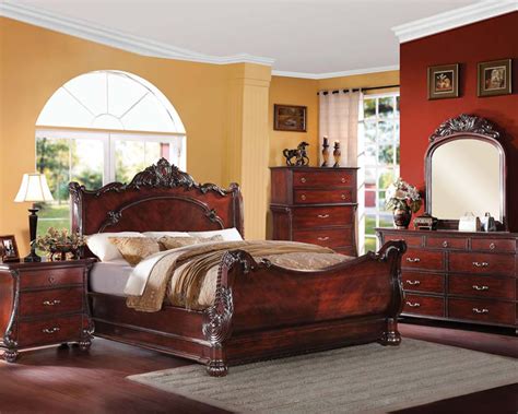 A cherry wood bedroom set will add a timeless touch to your space while being sturdy enough to last through the ages. Bedroom Set in Cherry Finish Abramson by Acme Furniture ...
