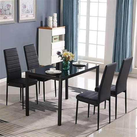 Dining Table Set For 4 Glass Top Dining Table With 4 Pu Leather Chairs