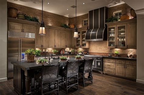 Brown Tile Walls Match Wood Cabinetry And Darker Hardwood Flooring In