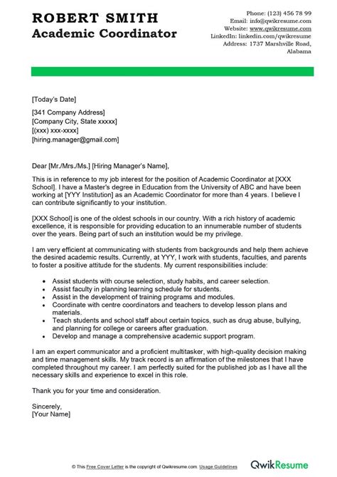 Academic Coordinator Cover Letter Examples Qwikresume
