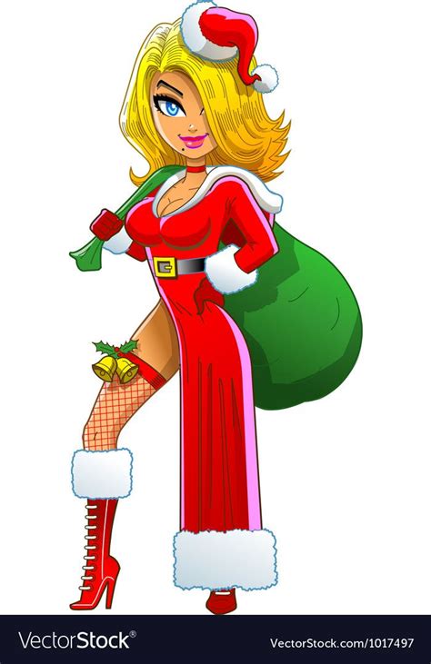 sexy blond christmas girl wearing santa claus suit and carrying bag of christmas presents