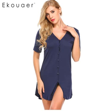 Ekouaer Women Sexy Nightgown Sleepshirts Short Sleeve Button Shirt Nightdress Sleepwear Night
