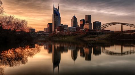 Nashville Skyline Reflected On The Water Background Beautiful Picture