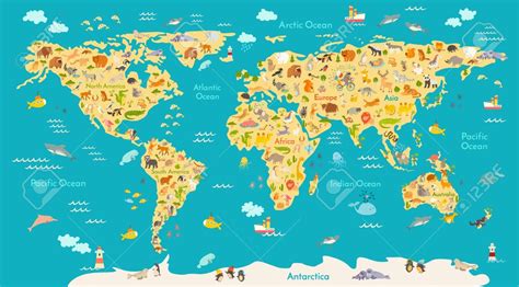 Animal Map For Kid World Vector Poster For Children Cute Illustrated