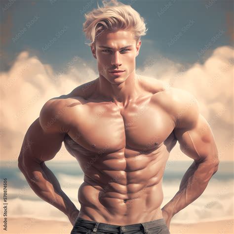 Ilustration Of Handsome Man Standing Infront Of Beach Shirtless Created