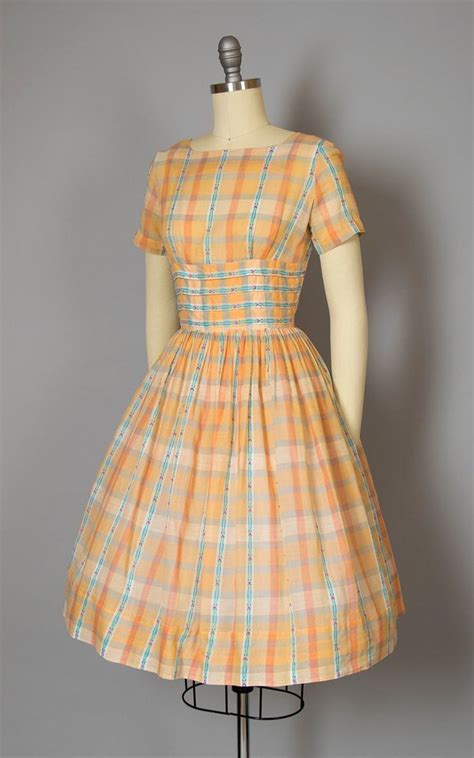 Vintage 1950s Dress 50s Peach Peach Plaid Floral Woven Cotton Voile