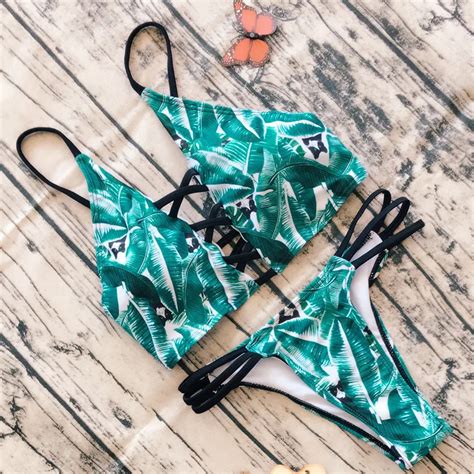 2018 New Sexy Push Up String Bikini Set Lace Up Bandage Women Swimsuits Brazilian Leaf Beach