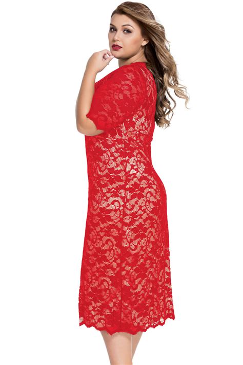 Hot Sexy Red Plus Size V Neck Half Sleeve Lace Midi Dress