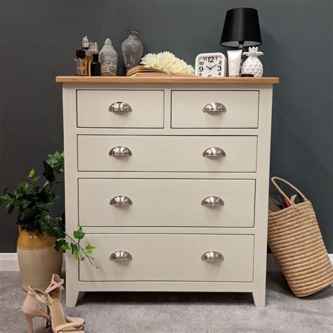 Painted Cream Oak Chest Of Drawers 5 Drawer Chest Solid Wood 2 Over 3 Lundey Ebay