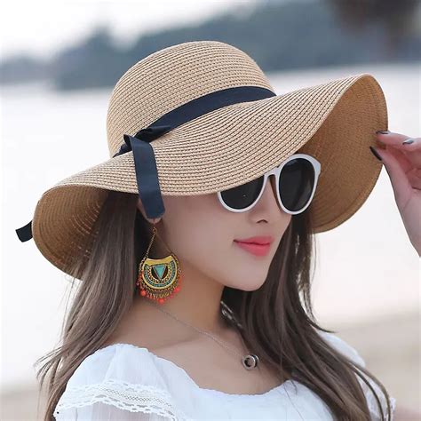 summer hats women s foldable wide large brim beach sun hat straw beach breathable cap for ladies