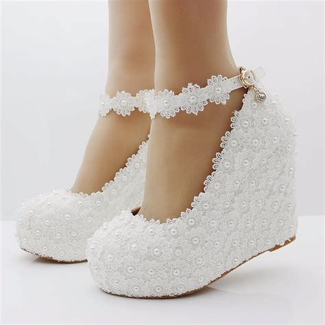 White Lace Wedges Shoes Pumps High Heels Wedges Heels