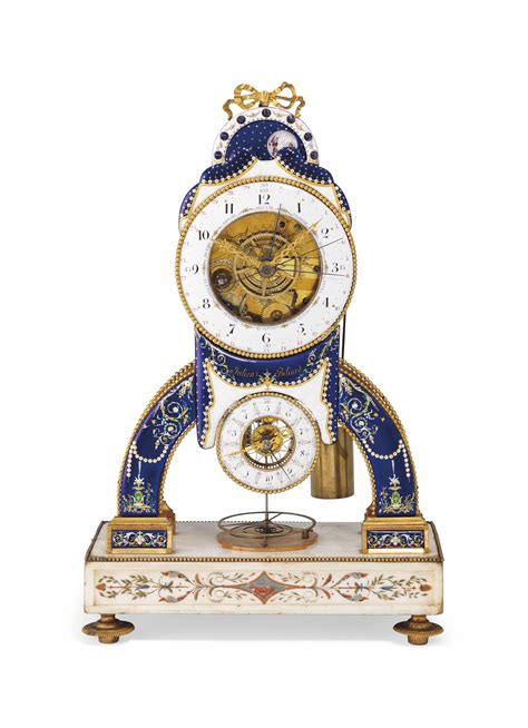 A Directoire Ormolu Enamel And White Marble Striking Skeleton Clock