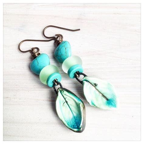 Green And Turquoise Leaf Earrings Ceramic By Utterlylovelystuff