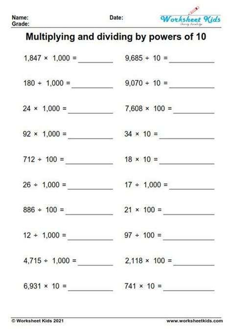 Multiplying And Dividing By Powers Of 10 Worksheet